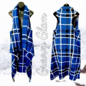 GROOVY GLAM Blue Tartan Plaid Sherpa Ankle Length Vest Faux Shearling